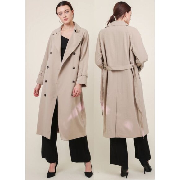 Line and Dot Beige Double Breasted Belted Long Trench Coat Women's Size Small - Picture 4 of 16